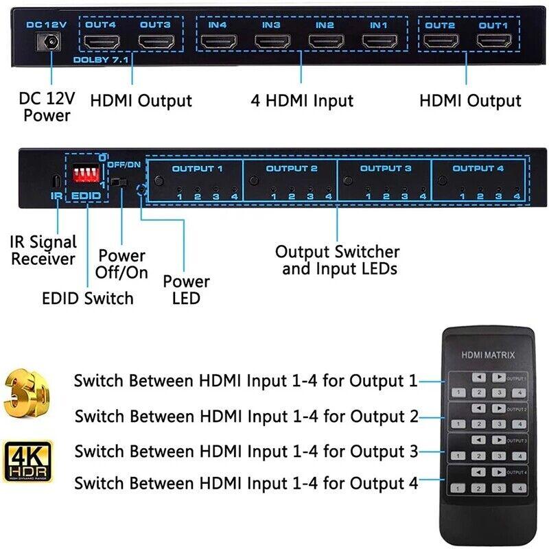 HDMI Matrix Switch 4x4 4K HDMI Matrix Switcher Splitter 4 In 4 Out Box Extractor - The Remote Factory